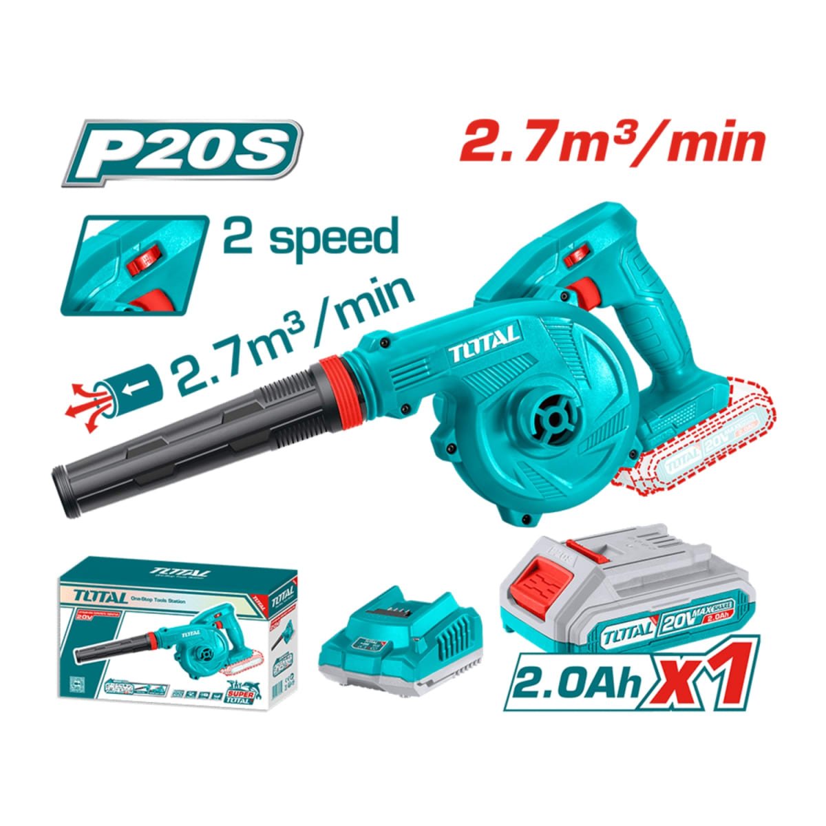 Sopladora de aire con regulador de velocidad 20v + batería y cargador total